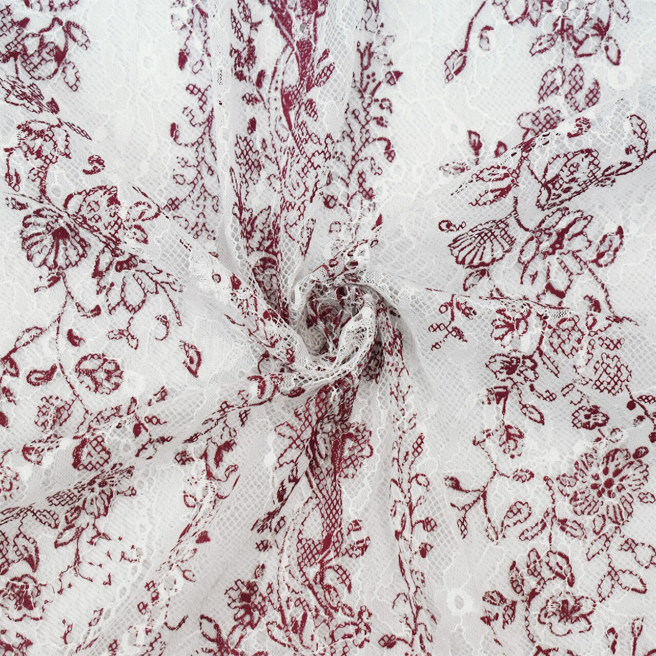 White-Red Nylon Floral Paisley Vine Printed Lace Mesh Knit Fabric By the Yard